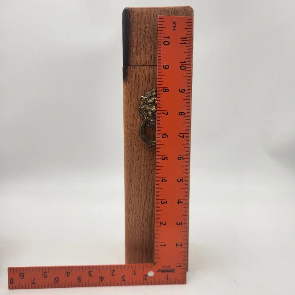 Vintage‎ Oak Wood Match Box Tall Lion Head Knocker Singed Detail Rustic Gothic